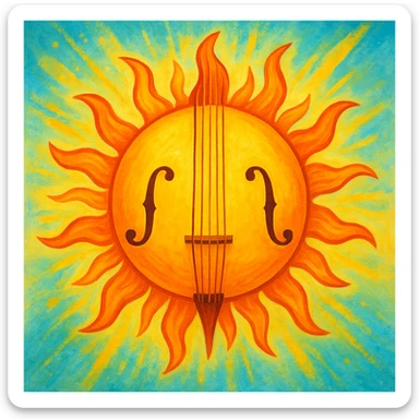 A summer sun with cello strings and f-holes, blending musical and sunny elements, vibrant and creative. sticker