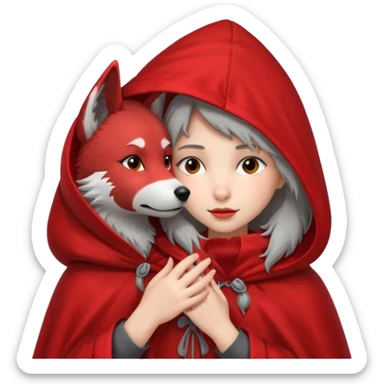 Niña del cuento de caperucita roja acariciando la cabeza de un lobo macho sticker