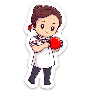 Ukrainian young girl in a white embroidered shirt holds a red ball of thread in her hand sticker