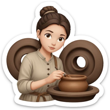 Brunette girl with a bun, behind the potter's wheel, wearing neutral clothing sticker