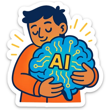 person hugging a glowing digital brain representing AI sticker