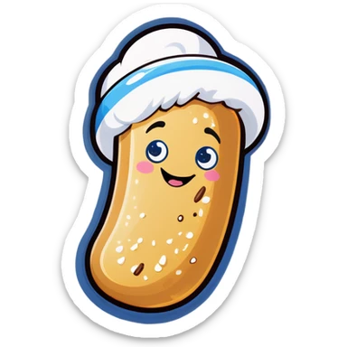 A smiling Twinkie, full of cream coming out of it with a blue towel over its eyes and head sticker