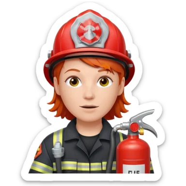 red haired Firefighter with respiratory protection with fire extinguisher sticker