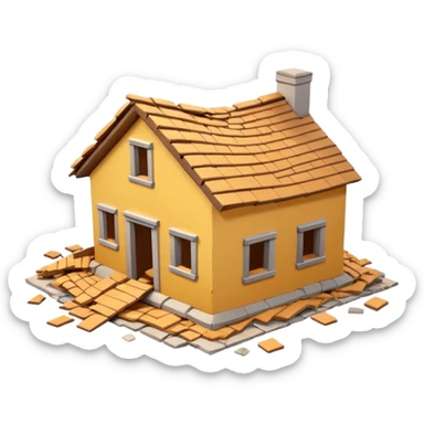 3D iPhone style emoji of a collapsed house, broken walls and roof pieces scattered, debris and ruins visible, isolated on white background, soft shadows, high detail, playful and cute. sticker