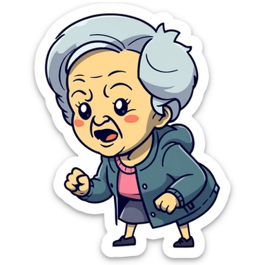 mean Karen, old yelling lady with blonde hair and a jacket sticker