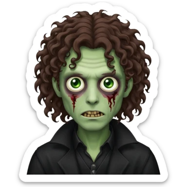 long curly haired male zombie with brown hair color and green eye color, with dark vampire clothes sticker