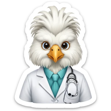 A White Silkie Bantam rooster dressed like a doctor.  The head feathers look like a large, fluffy wig.  sticker