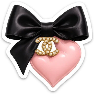 Remove the background, keep only the elegant bow with pearls and gold Chanel logo, glossy, pastel colors, realistic style, with no background. black pink, heart sticker