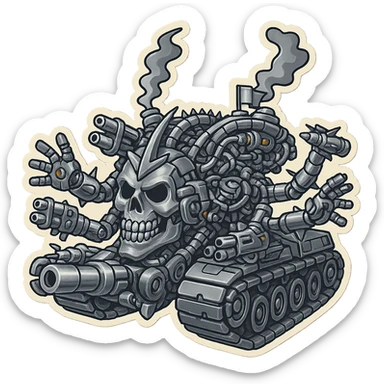 Edit the skull robot tank to have 4 distinct arms, shiny silver metal texture, more weapons, in a retro stickers style with clean outline and minimal color accents, transparent background. sticker