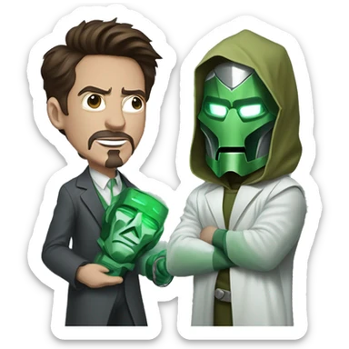 Robert Downey Jr. dressed as Doctor Doom and holding Doctor Doom masks sticker