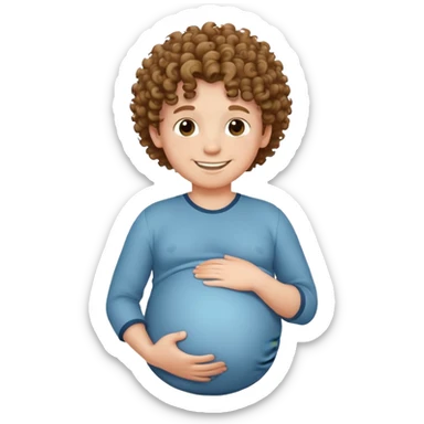 smiling boy with curly hair with a pregnant belly sticker
