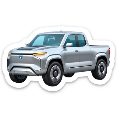 A futuristic electric pickup truck emoji, silver chrome body, angular cyber design, smooth metallic panels, subtle reflections, minimalistic proportions, iOS emoji style, centered composition, clean white background, soft lighting sticker