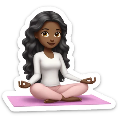 black long wavy hair and brown eyes with white skin yoga girl in light pink clothes sitting on a yoga mat  sticker