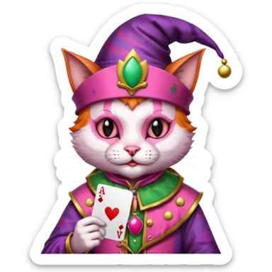 court jester cat medieval, single poker card joker clearly visible, pink, face only, round badge, court jester cap sticker