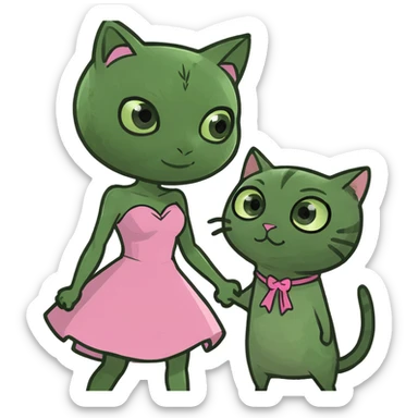 A spider-themed superhero character holding hands with a cute cat character in a pink dress. sticker