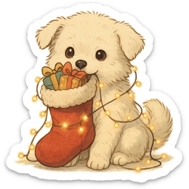 a fluffy white puppy holding a Christmas stocking full of gifts and tangled in fairy lights, Ghibli style sticker