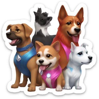 create 3 dogs one is blue and white, pink and orange, and rainbow and the owner is the scarlet witch sticker