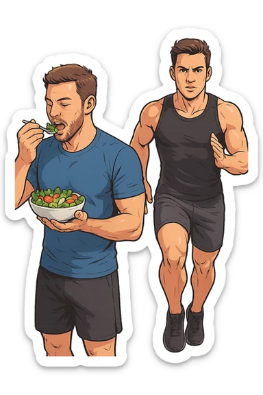 UOMO FITNESS CHE MANGIA INSALATA ACCANTO A UOMO FITNESS CHE CORRE IN POSA FRONTALE sticker
