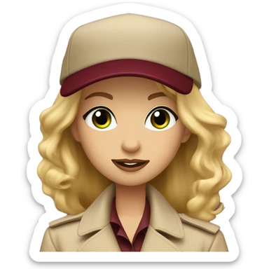 Blonde girl green eyes wearing beige trench coat and burgundy baseball cap written Paris on it  sticker