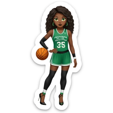 A 45-year-old black woman with long black brown baylaige hair dressed in sexy 
celtics jersey costume outfit and stilettos  sticker