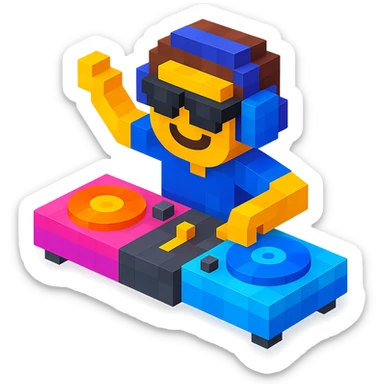 DJ mixing records with glowing turntables and a dynamic pose sticker