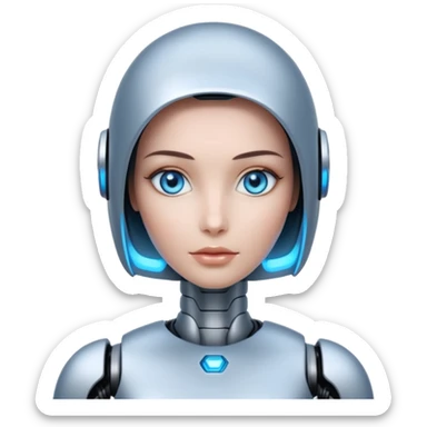 a futuristic female robot in a sleek design, glowing eyes, thoughtful pose sticker