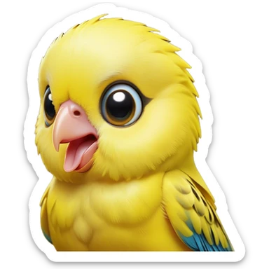 Cinematic Comical Yellow Budgie Portrait Emoji, Head tilted dramatically with an exaggeratedly amused expression, featuring a striking yellow feathered fur with a glossy finish, wide, expressive dark eyes filled with playful disbelief, Simplified yet hilariously expressive features, highly detailed, glowing with a slightly sassy glow, high shine, dramatic yet playful, stylized with an air of cheeky mischief, bright and endearing, soft glowing outline, capturing the essence of a spirited and over-the-top budgie, so meme-worthy it feels like it could side-eye its way into internet fame instantly! sticker