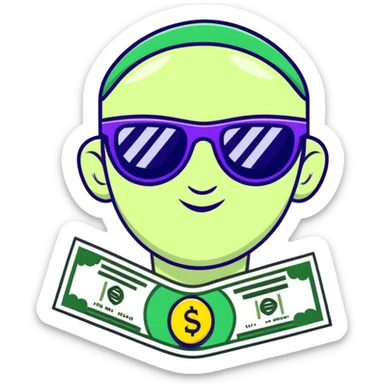 yellow face with green money signs for eyes, wearing slightly transparent black sunglasses, money symbols on face sticker