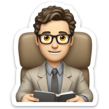Pale skinned Fit Man With dark brown hair in gray jacket, beige office shirt and ring glasses sitting In a soft chair with a notebook with emblem Ψ and a pen in his hands sticker