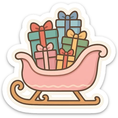 light pink Christmas sleigh piled with colorful gift boxes, cartoon style sticker