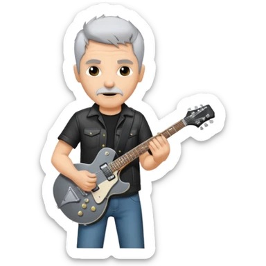 a short grey hair with no beard, middle age metal head with a classic epiphone eletric guitar sticker