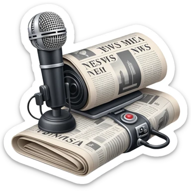 An icon featuring a microphone, a newspaper, a reporter’s camera, and soundwaves, representing journalism and mass media. The design includes headlines and imagery, symbolizing the spread of news and information. Transparent background highlights the power of communication and media. sticker