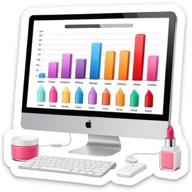 iMac computer with bar charts and beauty products like lipstick, nail polish, cream jars on the screen sticker