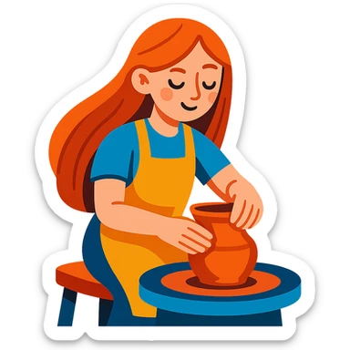 girl with long red hair making pottery sticker
