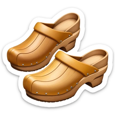 Cinematic Realistic Wooden Clogs Emoji, depicting the classic handcrafted footwear with a smooth, curved design and sturdy wooden soles, rendered with rich textures and warm, natural lighting. sticker