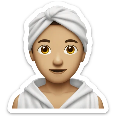 A boy with light skin, a towel on his head, and a face mask on his face, looking straight ahead sticker