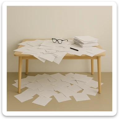 minimalist desk cluttered with papers spilling over, symbolizing overwhelming admin workload, all elements contained within the frame, no edges cut off sticker