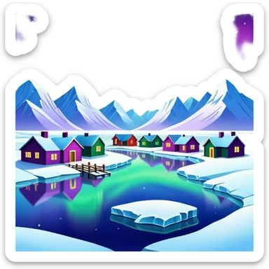 Mohe Arctic Village northernmost point of China with aurora borealis, simplified emoji style with bold outlines and bright colors, cartoon style village with northern lights sticker