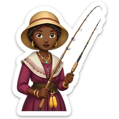 African woman fishing in the river, traditional clothing, holding fishing rod sticker
