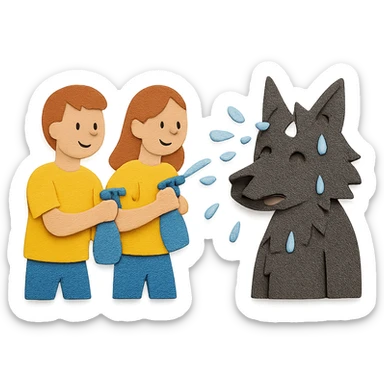 people in yellow shirts spraying water on an anthro black wolf in paper craft style sticker