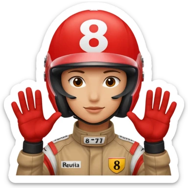 Person wearing red f1 helmet with hands saying 8 7 sticker