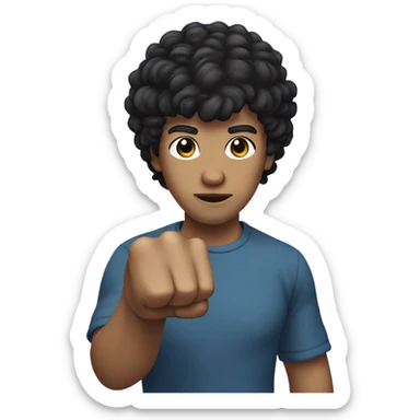 man with short curly black hair with bangs, white skin type, left hand in a fist, right hand covers left hand  sticker