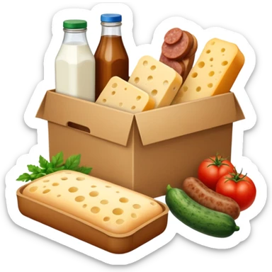 a box of groceries, sausage, cheese, canned meat, herbs, milk, tomatoes, cucumbers, and a loaf of bread sticker