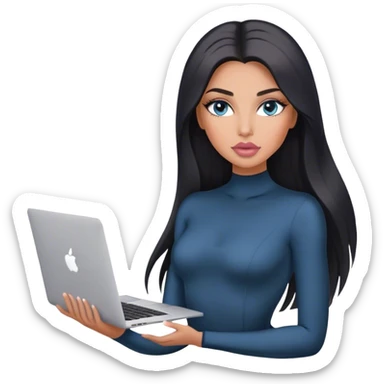 Glamours, tanned, very beautiful girl, with big pump peach-beige-rose lips, long lashes, black straight smooth silky long hair, straight parting hair, blue-grey eyes, inv-neck bodysuit holding MacBook sticker