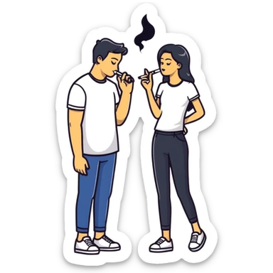 Cartoon couple sneaking into wedding ceremony, both smoking marijuana, full body, tiptoeing with hunched posture sticker