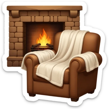 Cozy Armchair with blanket draped over the arm and glowing fireplace beside it sticker