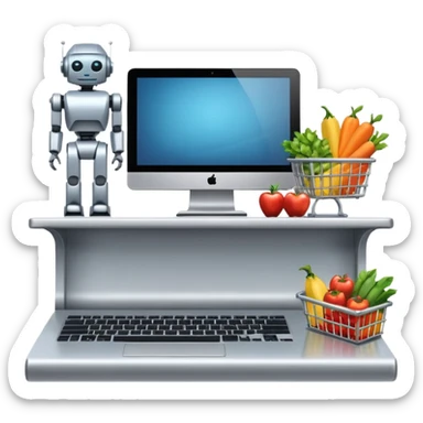 Grocery shelf design on a computer with a robot at the keyboard sticker
