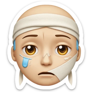 face emoji with bandages and tears at the corner of eyes, distressed expression sticker