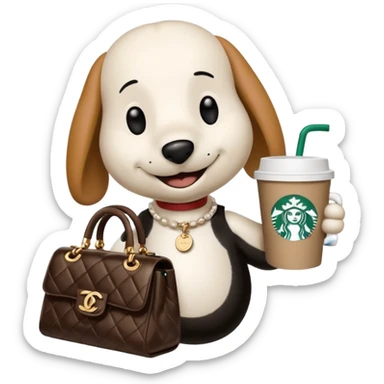 snoopy in a desk with starbucks and his chanel purse sticker