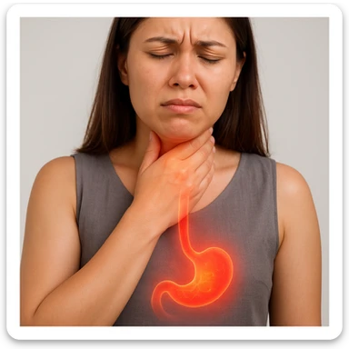 Realistic medical style image of a woman identical to the reference photo, hand on throat, expression of burning sensation, with a glowing or reddish effect rising from the stomach to the esophagus. sticker